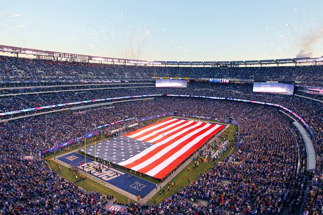 Fans watch the pre game ceremony before an NFL football game between the New York Giants and the New England Patriots at MetLife Stadium Sunday Nov. 15, 2015, in East Rutherford, N.J. (AP Photo/Gary Hershorn)