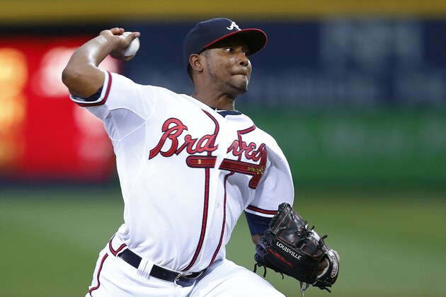 Atlanta Braves starting pitcher Julio Teheran (49) works in the first inning of a baseball game against the Chicago Cubs Friday, May 9, 2014 in Atlanta.  (AP Photo/John Bazemore)