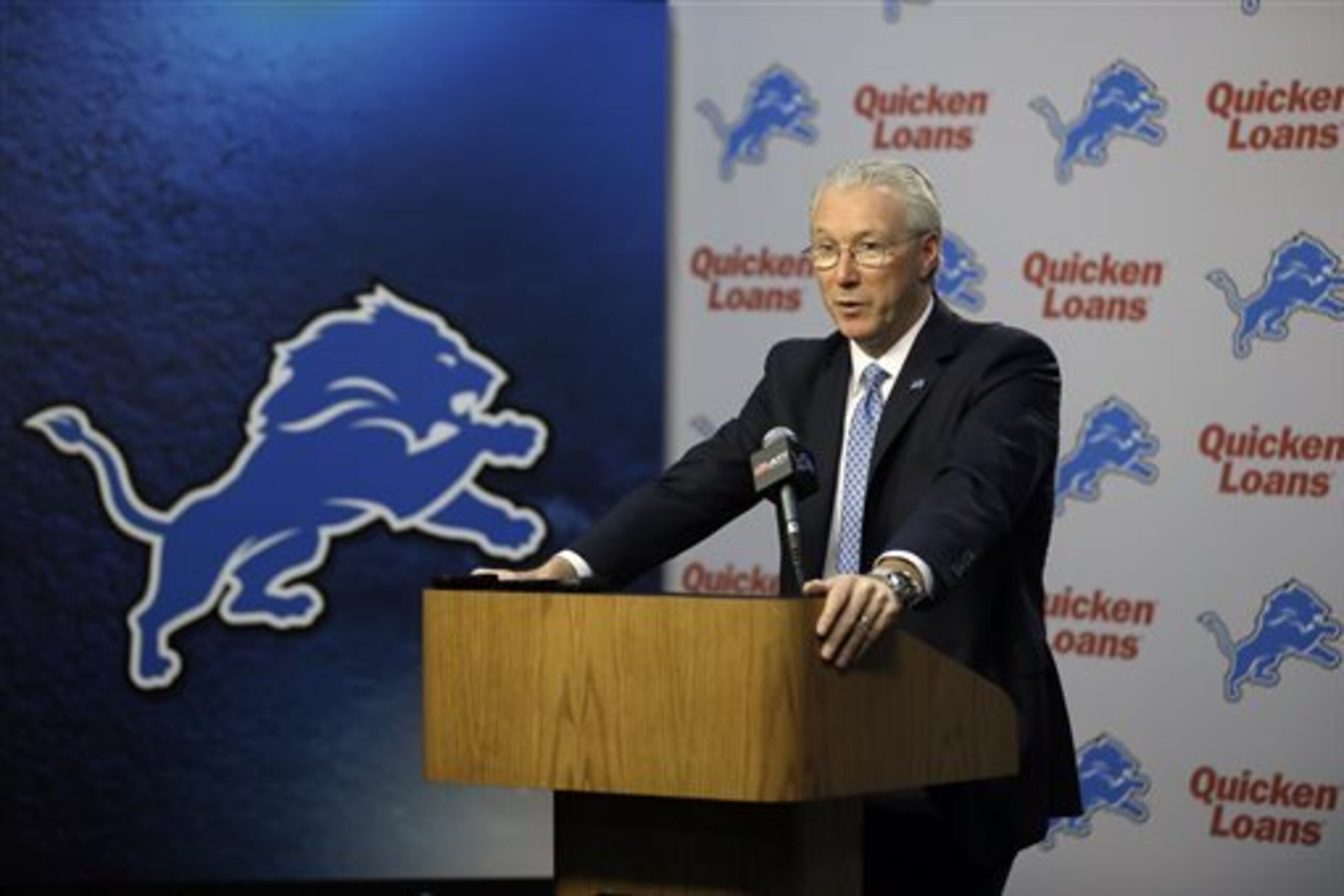 RETRANSMISSION TO CORRECT NAME FROM RON WOOD TO ROD WOOD - Detroit Lions President Rod Wood addresses the media, Friday, Nov. 20, 2015, in Allen Park, Mich. Wood, 55, will oversee the Lions business operations. Earlier this month, owner Martha Ford fired team president Tom Lewand and general manager Martin Mayhew after the team's 1-7 start. (AP Photo/Carlos Osorio)