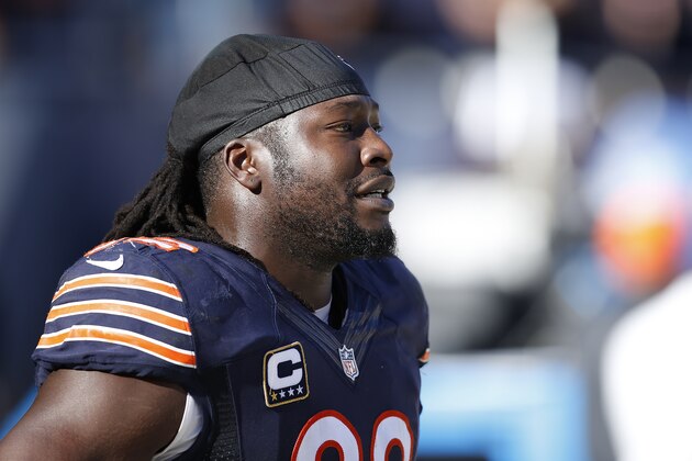CHICAGO, IL - NOVEMBER 1: Pernell McPhee #92 of the Chicago Bears looks on during a game against the Minnesota Vikings at Soldier Field on November 1, 2015 in Chicago, Illinois. The Vikings defeated the Bears 23-20. (Photo by Joe Robbins/Getty Images)