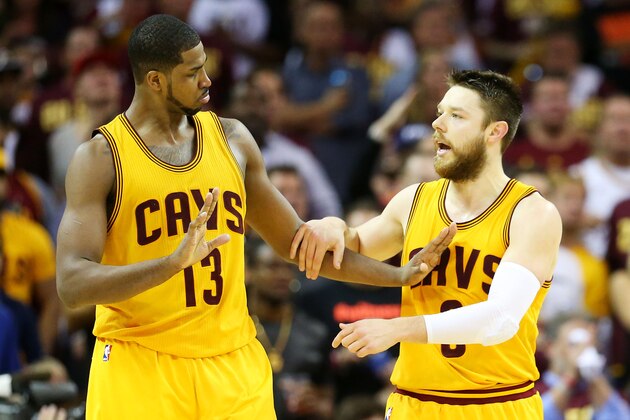 CLEVELAND, OH - JUNE 11:  Tristan Thompson #13 talks in overtime Matthew Dellavedova #8 of the Cleveland Cavaliers in the third quarter against the Golden State Warriors during Game Four of the 2015 NBA Finals at Quicken Loans Arena on June 11, 2015 in Cleveland, Ohio.  NOTE TO USER: User expressly acknowledges and agrees that, by downloading and or using this photograph, user is consenting to the terms and conditions of Getty Images License Agreement.  (Photo by Ronald Martinez/Getty Images)