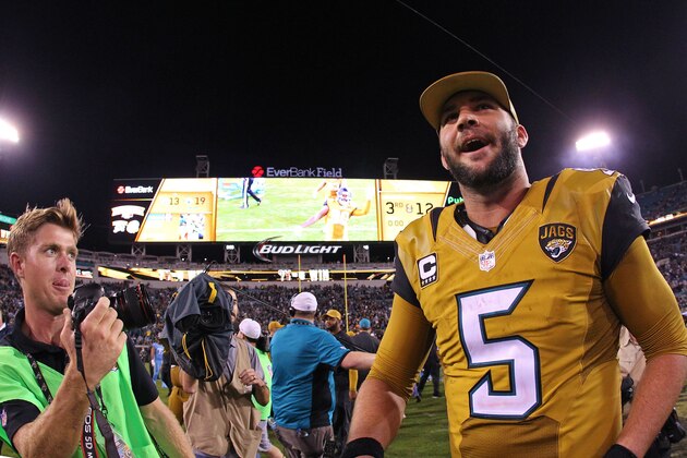 JACKSONVILLE, FL - NOVEMBER 19: Blake Bortles #5 of the Jacksonville Jaguars reacts after the game against the Tennessee Titans at EverBank Field on November 19, 2015 in Jacksonville, Florida.  (Photo by Rob Foldy/Getty Images)