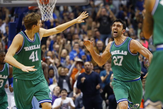 Nov 20, 2015; Dallas, TX, USA; Dallas Mavericks center Zaza Pachulia (27) celebrates with forward Dirk Nowitzki (41) after scoring during the first half against the Utah Jazz at American Airlines Center. Mandatory Credit: Kevin Jairaj-USA TODAY Sports