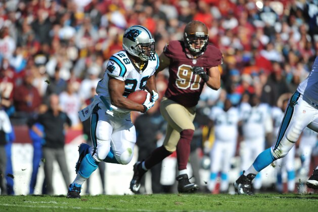 LANDOVER, MD - NOVEMBER 4: Jonathan Stewart #28 of the Carolina Panthers runs the ball against the Washington Redskins at FedExField on November 4, 2012 in Landover, Maryland. The Panthers defeated the Redskins 21-13. (Photo by Larry French/Getty Images)