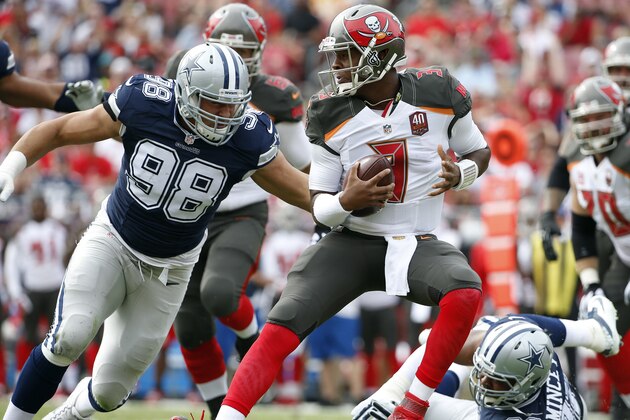 Tampa Bay Buccaneers quarterback Jameis Winston (3) is sacked by Dallas Cowboys defensive tackle Tyrone Crawford (98) during the first quarter of an NFL football game Sunday, Nov. 15, 2015,in Tampa, Fla. (AP Photo/Brian Blanco)