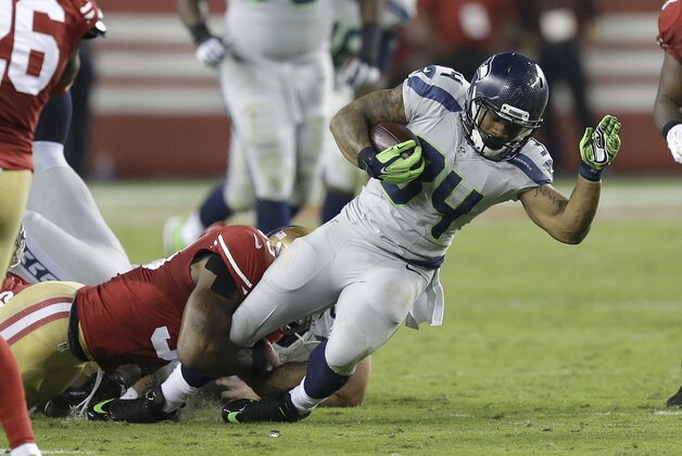 Seattle Seahawks running back Thomas Rawls (34) runs against the San Francisco 49ers during the second half of an NFL football game in Santa Clara, Calif., Thursday, Oct. 22, 2015. (AP Photo/Ben Margot)