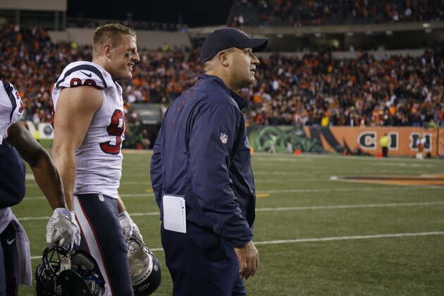 Houston Texans defensive end J.J. Watt (99) and head coach Bill O'Brien on the sideline in the second half of an NFL football game against the Cincinnati Bengals in Cincinnati, Monday, Nov. 16, 2015. (AP Photo/Gary Landers) Houston Texans defensive end J.J. Watt (99) and head coach Bill O'Brien on the sideline in the second half of an NFL football game against the Cincinnati Bengals in Cincinnati, Monday, Nov. 16, 2015. (AP Photo/Gary Landers)