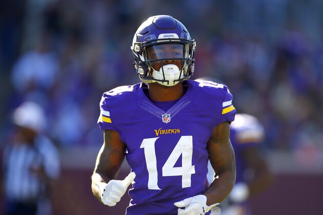 Minnesota Vikings wide receiver Stefon Diggs (14) runs to the line against the St. Louis Rams during an NFL football game Sunday, Nov. 8, 2015, in Minneapolis. The Vikings won in overtime, 21-18.  (Jeff Haynes/AP Images for Panini)
