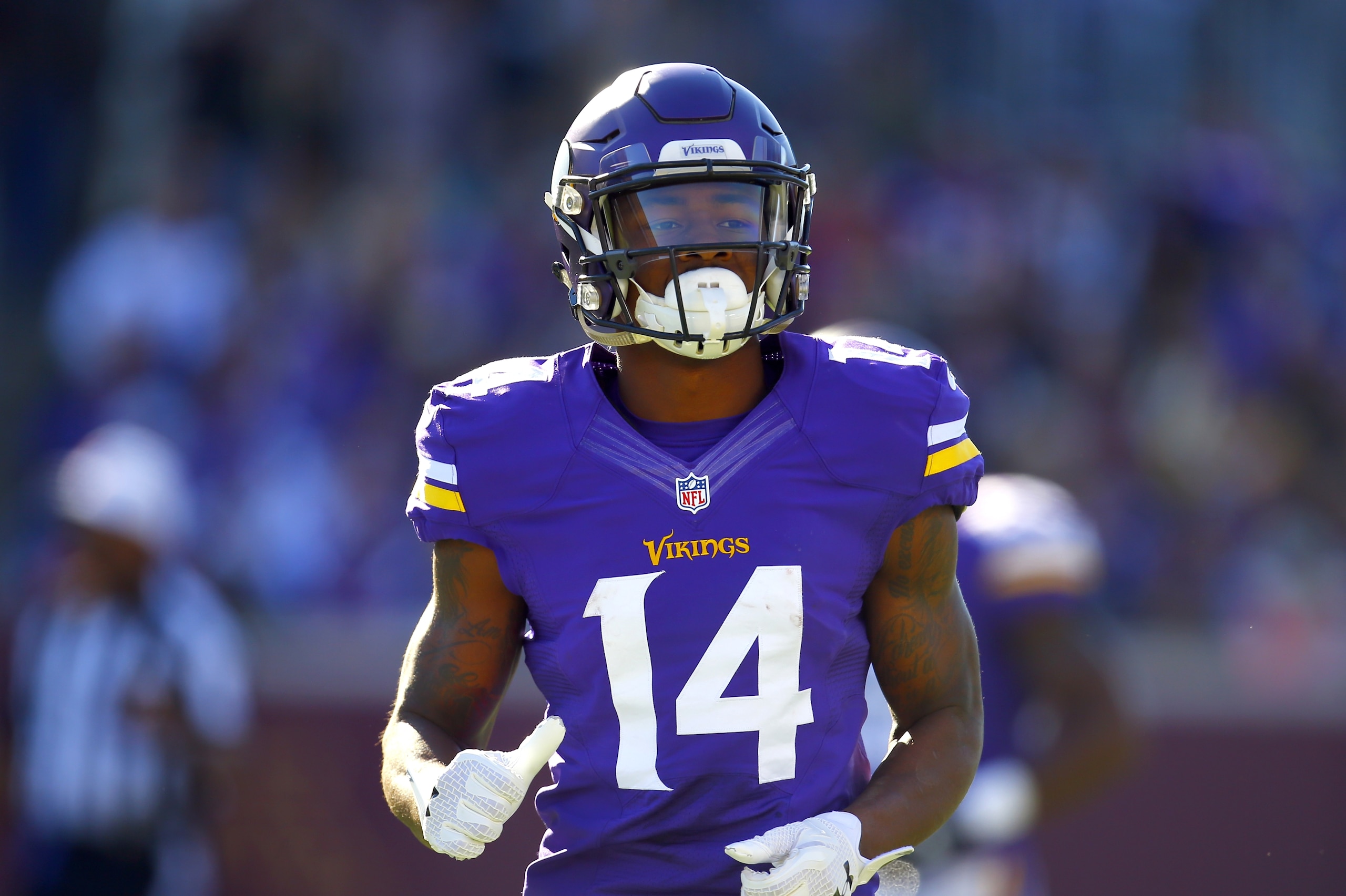 Minnesota Vikings wide receiver Stefon Diggs (14) runs to the line against the St. Louis Rams during an NFL football game Sunday, Nov. 8, 2015, in Minneapolis. The Vikings won in overtime, 21-18.  (Jeff Haynes/AP Images for Panini)