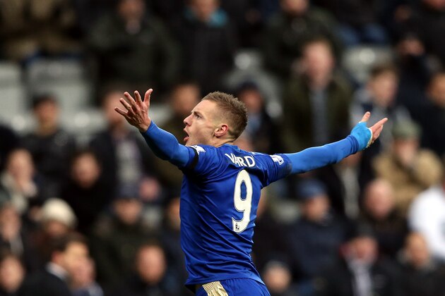 Leicester City's Jamie Vardy celebrates his goal during the English Premier League soccer match between Newcastle United and Leicester City at St James' Park, Newcastle, England, Saturday, Nov. 21, 2015. (AP Photo/Scott Heppell)