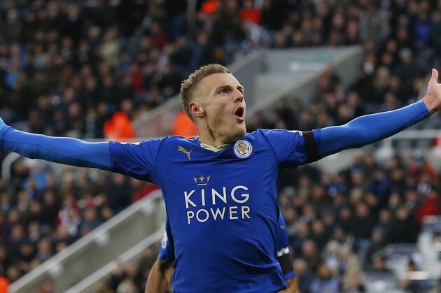 Leicester City's English striker Jamie Vardy celebrates after scoring his team's first goal during the English Premier League football match between Newcastle United and Leicester City at St James' Park in Newcastle-upon-Tyne, north east England, on November 21, 2015. AFP PHOTO / LINDSEY PARNABY

RESTRICTED TO EDITORIAL USE. No use with unauthorized audio, video, data, fixture lists, club/league logos or 'live' services. Online in-match use limited to 75 images, no video emulation. No use in betting, games or single club/league/player publications.        (Photo credit should read LINDSEY PARNABY/AFP/Getty Images)