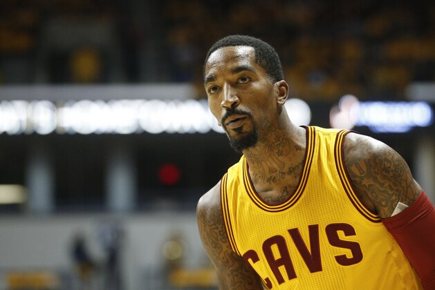 Cleveland Cavaliers guard J.R. Smith (5) waits for the inbound pass in the first half of an NBA preseason basketball game against the Atlanta Hawks, Wednesday, Oct. 7, 2015, in Cincinnati. The Hawks won 98-96. (AP Photo/John Minchillo)