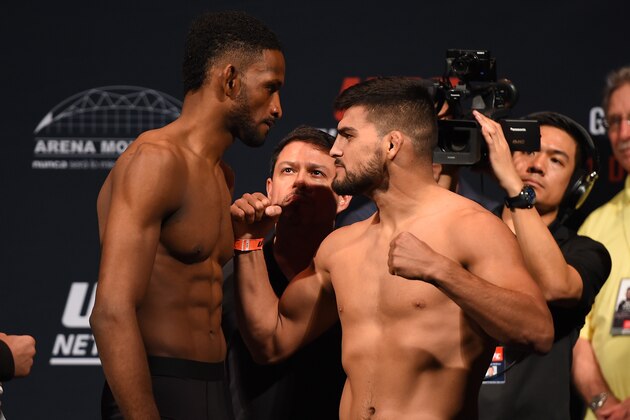 MONTERREY, MEXICO - NOVEMBER 20:  (L-R) Opponents Neil Magny of the United States and Kelvin Gastelum of the United States face off during the UFC weigh-in at the Arena Monterrey on November 20, 2015 in Monterrey, Mexico. (Photo by Jeff Bottari/Zuffa LLC/Zuffa LLC via Getty Images)