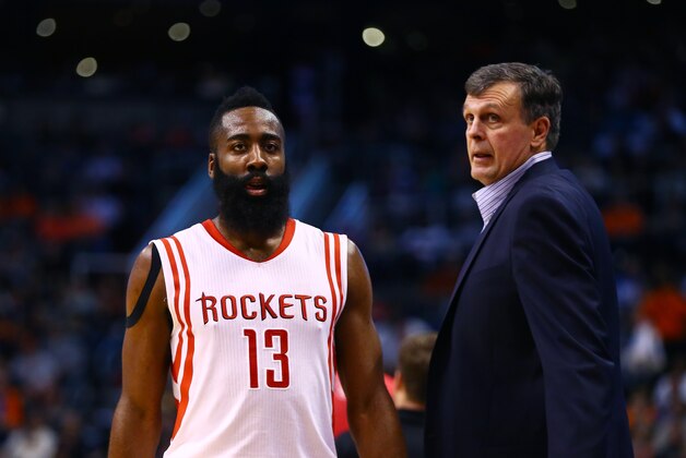 Jan 23, 2015; Phoenix, AZ, USA; Houston Rockets guard James Harden (13) and head coach Kevin McHale against the Phoenix Suns at US Airways Center. Mandatory Credit: Mark J. Rebilas-USA TODAY Sports