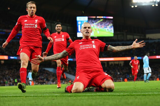 MANCHESTER, ENGLAND - NOVEMBER 21:  Martin Skrtel of Liverpool celebrates scoring his team's fourth goal during the Barclays Premier League match between Manchester City and Liverpool at Etihad Stadium on November 21, 2015 in Manchester, England.  (Photo by Alex Livesey/Getty Images)