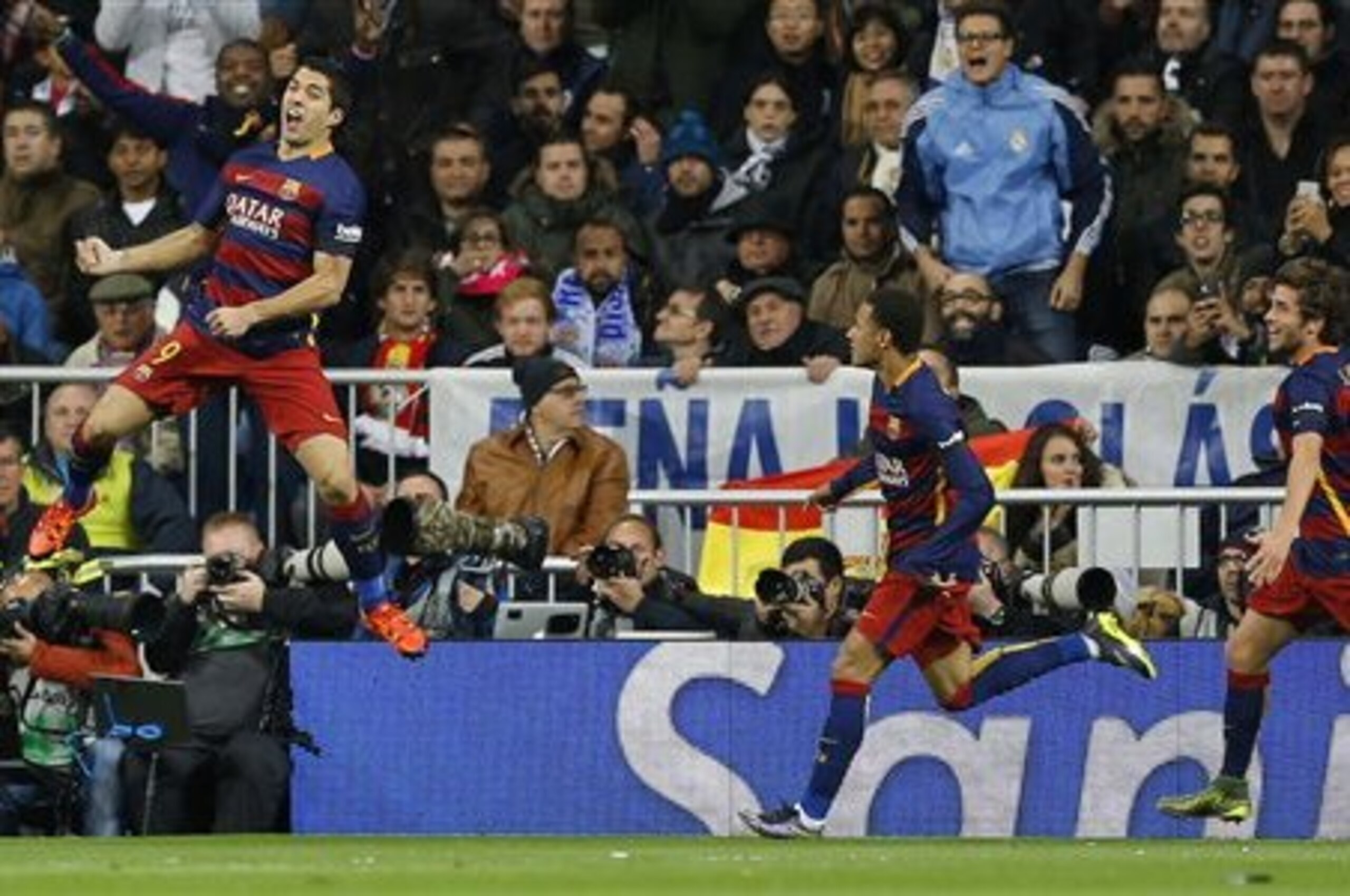 Barcelona's Luis Suarez celebrates after scoring the opening goal during the first clasico of the season between Real Madrid and Barcelona at the Santiago Bernabeu stadium in Madrid, Spain, Saturday, Nov. 21, 2015. (AP Photo/Francisco Seco) Barcelona's Luis Suarez celebrates after scoring the opening goal during the first clasico of the season between Real Madrid and Barcelona at the Santiago Bernabeu stadium in Madrid, Spain, Saturday, Nov. 21, 2015. (AP Photo/Francisco Seco)
