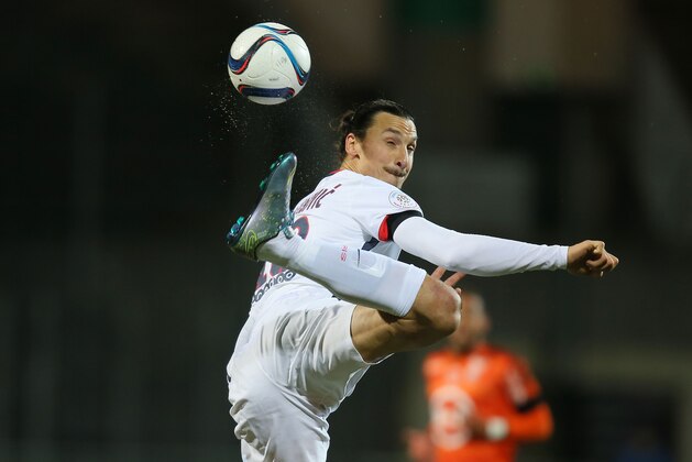 Paris Saint Germain's forward Zlatan Ibrahimovic of Sweden controls the ball during his French League One soccer match against Lorient, Saturday, Nov. 21, 2015, in Lorient, western France. Paris won 2-1. (AP Photo/David Vincent)