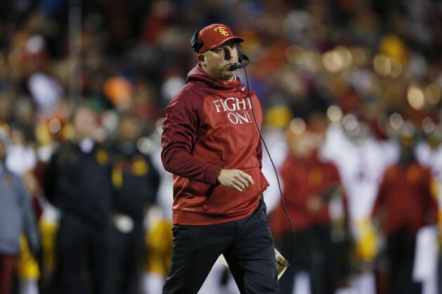 Southern California head coach Clay Helton in the second half of an NCAA college football game Friday, Nov. 13, 2015, in Boulder, Colo. Southern California won 27-24. (AP Photo/David Zalubowski)
