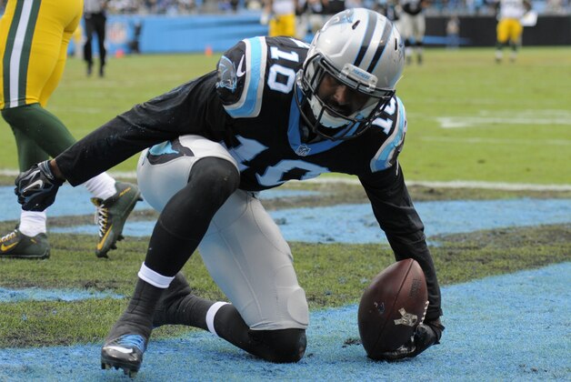 Carolina Panthers' Corey Brown (10) celebrates after his touchdown catch against the Green Bay Packers  in the first half of an NFL football game in Charlotte, N.C., Sunday, Nov. 8, 2015. (AP Photo/Mike McCarn)