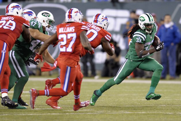 New York Jets running back Chris Ivory (33) runs with the ball against the Buffalo Bills during the second half of an NFL football game, Thursday, Nov. 12, 2015, in East Rutherford, N.J. (AP Photo/Bill Kostroun)