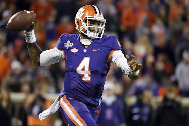 Clemson quarterback Deshaun Watson (4) looks to pass during the second half of an NCAA college football game against Wake Forest on Saturday, Nov. 21, 2015, in Clemson, S.C. (AP Photo/Rainier Ehrhardt)