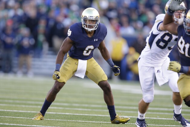 Notre Dame cornerback KeiVarae Russell (6) during the second half of an NCAA college football game against Georgia Tech in South Bend, Ind., Saturday, Sept. 19, 2015. Notre Dame defeated Georgia Tech  30-22. (AP Photo/Michael Conroy)