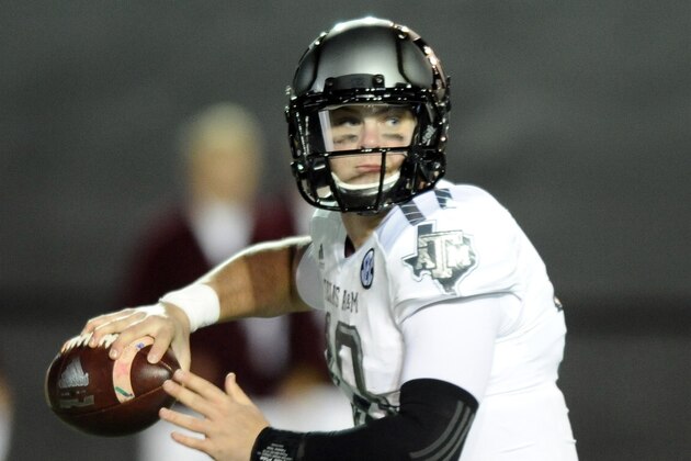 Nov 21, 2015; Nashville, TN, USA; Texas A&M Aggies quarterback Kyle Allen (10) attempts a pass during the first half against the Vanderbilt Commodores at Vanderbilt Stadium. Mandatory Credit: Christopher Hanewinckel-USA TODAY Sports