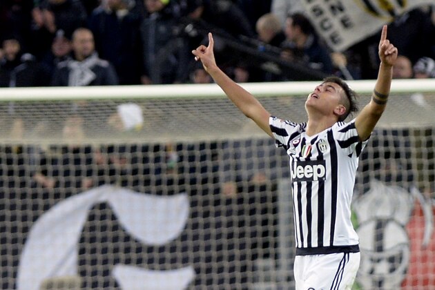 Juventus' Paulo Dybala celebrates after scoring during a Serie A soccer match between AC Milan and Juventus at the Turin Juventus Stadium Saturday, Nov. 21, 2015. (AP Photo/Massimo Pinca)