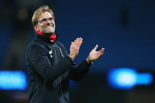 MANCHESTER, ENGLAND - NOVEMBER 21:  Jurgen Klopp, manager of Liverpool applauds the supporters after his team's 4-1 win in the Barclays Premier League match between Manchester City and Liverpool at Etihad Stadium on November 21, 2015 in Manchester, England.  (Photo by Alex Livesey/Getty Images)