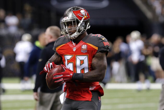 Tampa Bay Buccaneers middle linebacker Kwon Alexander (58) warms up before an NFL football game against the New Orleans Saints in New Orleans, Sunday, Sept. 20, 2015. (AP Photo/Bill Haber)