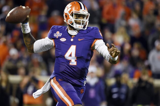 Clemson quarterback Deshaun Watson (4) looks to pass during the second half of an NCAA college football game against Wake Forest on Saturday, Nov. 21, 2015, in Clemson, S.C. (AP Photo/Rainier Ehrhardt)