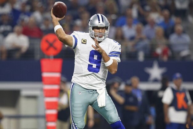 Sep 13, 2015; Arlington, TX, USA; Dallas Cowboys quarterback Tony Romo (9) throws in the pocket against the New York Giants at AT&T Stadium. Mandatory Credit: Matthew Emmons-USA TODAY Sports