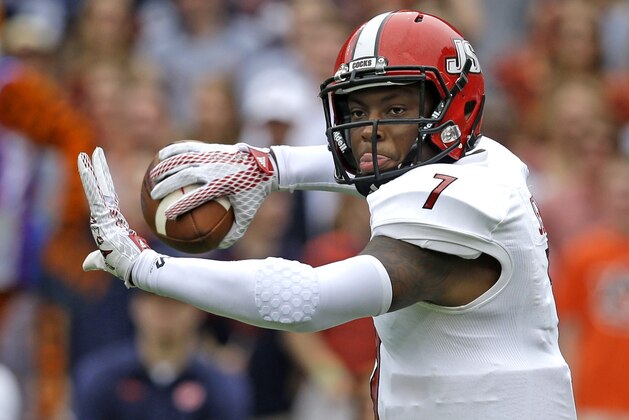 Jacksonville State quarterback Eli Jenkins (7) throws a pass during the first half of an NCAA college football game against Auburn, Saturday, Sept. 12, 2015, in Auburn, Ala. (AP Photo/Butch Dill)