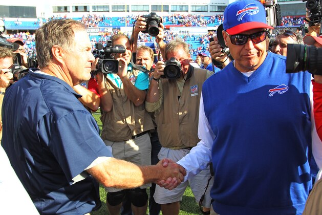 New England Patriots head coach Bill Belichick shakes hands with Buffalo Bills head coach Rex Ryan after an NFL football game Sunday, Sept. 20, 2015, in Orchard Park, N.Y. The Patriots won the game 40-32. (AP Photo/Bill Wippert)