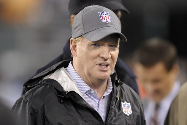 NFL commissioner Roger Goodell looks on prior to an NFL football game between the New York Jets and the Buffalo Bills, Thursday, Nov. 12, 2015, in East Rutherford, N.J. (AP Photo/Bill Kostroun)