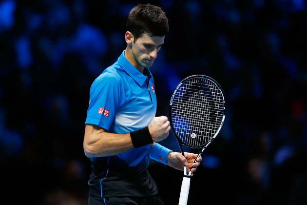 LONDON, ENGLAND - NOVEMBER 22:  Novak Djokovic of Serbia celebrates a point during the men's singles final against Roger Federer of Switzerland on day eight of the Barclays ATP World Tour Finals at the O2 Arena on November 22, 2015 in London, England.  (Photo by Julian Finney/Getty Images)