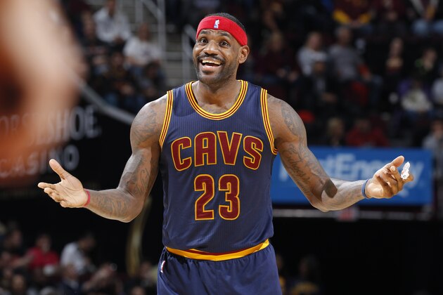 CLEVELAND, OH - NOVEMBER 21: LeBron James #23 of the Cleveland Cavaliers reacts during the game against the Atlanta Hawks on November 21, 2015 at Quicken Loans Arena in Cleveland, Ohio. NOTE TO USER: User expressly acknowledges and agrees that, by downloading and or using this Photograph, user is consenting to the terms and condition of the Getty Images License Agreement. (Photo by Rocky Widner/Getty Images)