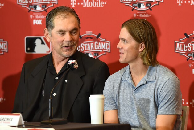 CINCINNATI, OH - JULY 13:  National League All-Stars Bruce Bochy #15 (L) manager of the San Francisco Giants and Zack Greinke #21 of the Los Angeles Dodgers speak to reporters during the MLB All Star Media Availability Day at the Westin Cincinnati Hotel on July 13, 2015 in Cincinnati, Ohio.  (Photo by Mark Cunningham/MLB Photos via Getty Images)
