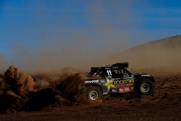 Nov 13, 2014; San Vicente, Baja California, Mexico; SCORE trophy truck driver Rob MacCachren races through a silt bed en route to winning the Baja 1000. Mandatory Credit: Matt Kartozian-USA TODAY Sports