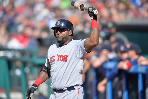 Oct 4, 2015; Cleveland, OH, USA; Boston Red Sox designated hitter David Ortiz (34) stands on the field prior to a game against the Cleveland Indians at Progressive Field. Cleveland won 3-1. Mandatory Credit: David Richard-USA TODAY Sports