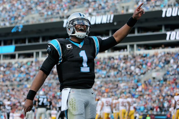 CHARLOTTE, NC - NOVEMBER 22:  Cam Newton #1 of the Carolina Panthers celebrates a touchdown against the Washington Redskins in the 1st quarter during their game at Bank of America Stadium on November 22, 2015 in Charlotte, North Carolina.  (Photo by Streeter Lecka/Getty Images)