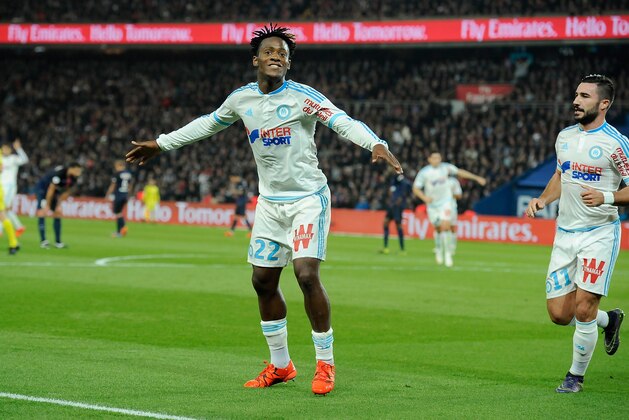 PARIS, FRANCE - OCTOBER 04:  Michy Batshuayi of Olympique de Marseille celebrates his goal during the Ligue 1 game between Paris Saint-Germain and Olympique de Marseille at Parc des Princes on October 4, 2015 in Paris, France.  (Photo by Aurelien Meunier/Getty Images)