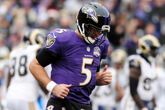 Nov 22, 2015; Baltimore, MD, USA; Baltimore Ravens quarterback Joe Flacco (5) reacts after throwing an interception in the second quarter against the St. Louis Rams at M&T Bank Stadium. Mandatory Credit: Evan Habeeb-USA TODAY Sports