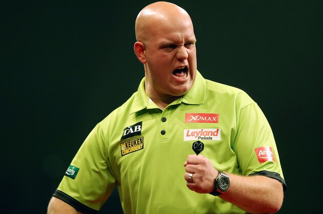 AUCKLAND, NEW ZEALAND - AUGUST 29: Michael Van Gerwen celebrates during the Auckland Darts Masters at The Trusts Arena on August 29, 2015 in Auckland, New Zealand.  (Photo by Michael Bradley/Getty Images)