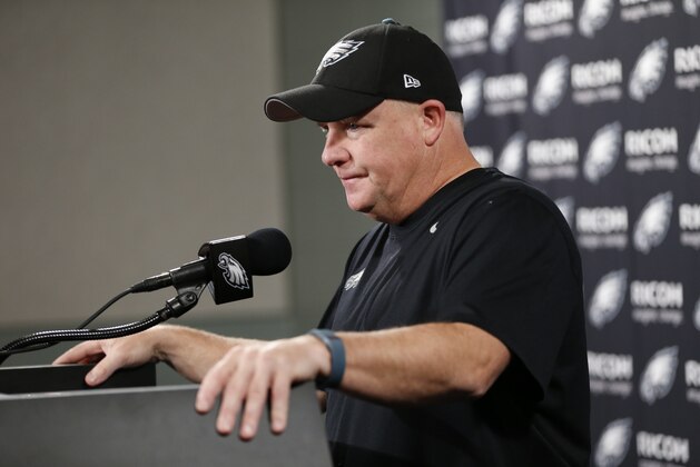 Philadelphia Eagles head coach Chip Kelly shows off his NFL style during a news conference after an NFL football game against the Tampa Bay Buccaneers, Sunday, Nov. 22, 2015, in Philadelphia. (AP Photo/Julio Cortez)