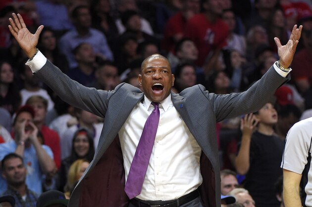 Los Angeles Clippers head coach Doc Rivers yells at referees during the second half of an NBA basketball game against the Toronto Raptors, Sunday, Nov. 22, 2015, in Los Angeles. The Raptors won 91-80. (AP Photo/Mark J. Terrill)