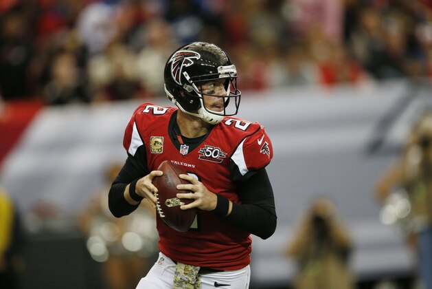 Atlanta Falcons quarterback Matt Ryan (2) works against the Indianapolis Colts during the first of an NFL football game, Sunday, Nov. 22, 2015, in Atlanta. (AP Photo/John Bazemore) Atlanta Falcons quarterback Matt Ryan (2) works against the Indianapolis Colts during the first of an NFL football game, Sunday, Nov. 22, 2015, in Atlanta. (AP Photo/John Bazemore)