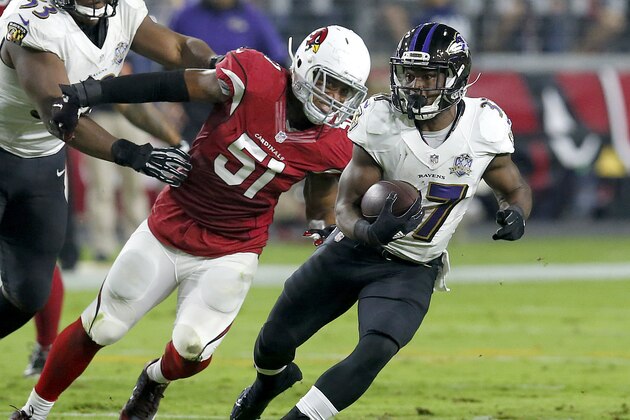 Baltimore Ravens running back Javorius Allen (37) runs as Arizona Cardinals middle linebacker Kevin Minter (51) pursues during the first half of an NFL football game, Monday, Oct. 26, 2015, in Glendale, Ariz. (AP Photo/Rick Scuteri)