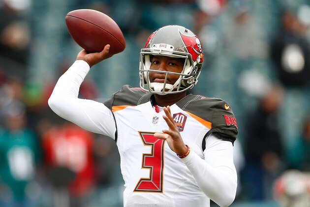 PHILADELPHIA, PA - NOVEMBER 22:  Quarterback Jameis Winston #3 of the Tampa Bay Buccaneers throws a pass during warm-ups before the game against the Philadelphia Eagles at Lincoln Financial Field on November 22, 2015 in Philadelphia, Pennsylvania.  (Photo by Rich Schultz/Getty Images)