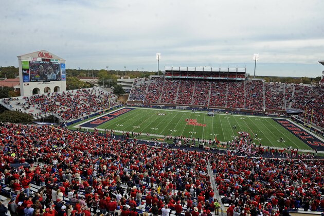 Mississippi's Vaught-Hemingway stadium is seen during the second half of an NCAA college football game between Mississippi and Presbyterian in Oxford, Miss., Saturday, Nov. 8, 2014. No. 12 Mississippi won 48-0.  (AP Photo/Thomas Graning)